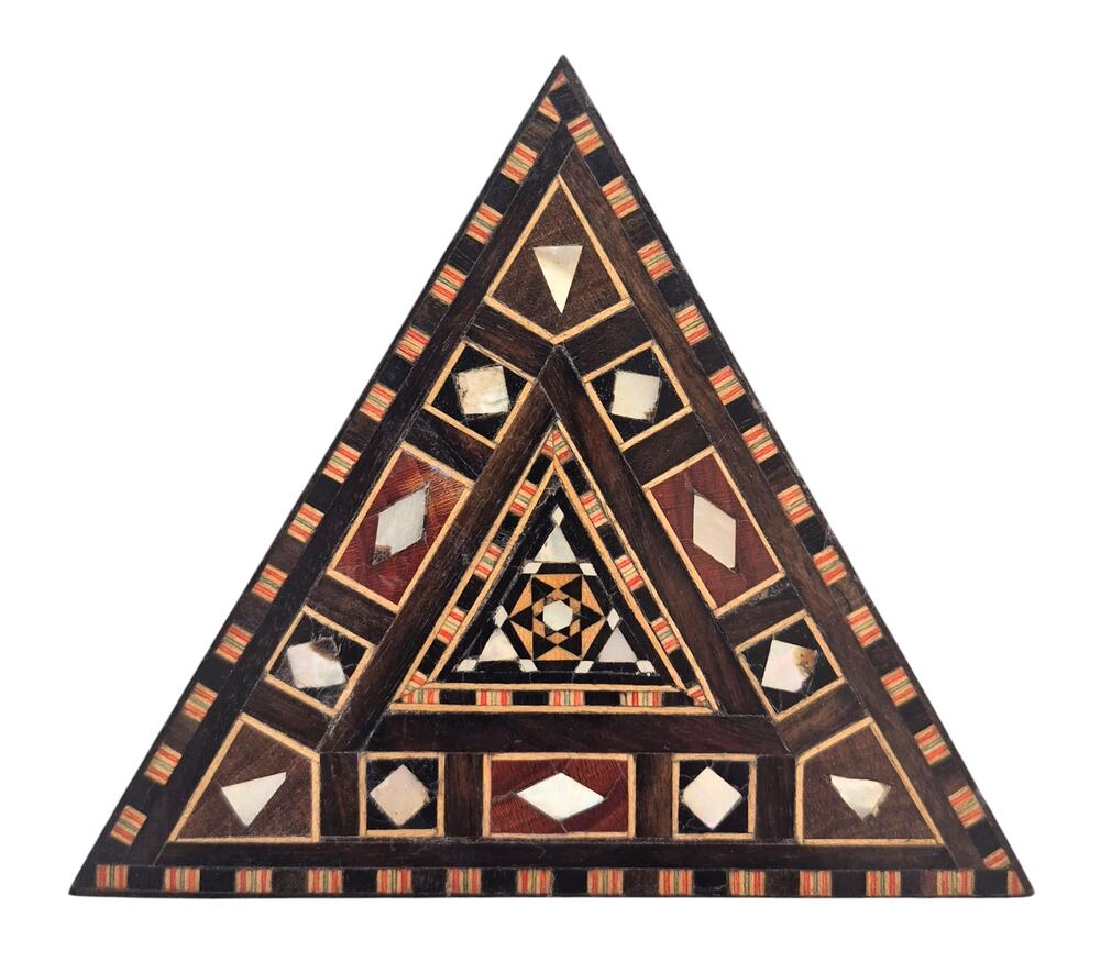 Vintage Trinket Box Small Triangle Shape Inlaid Wood Mother of Pearl Catchall
